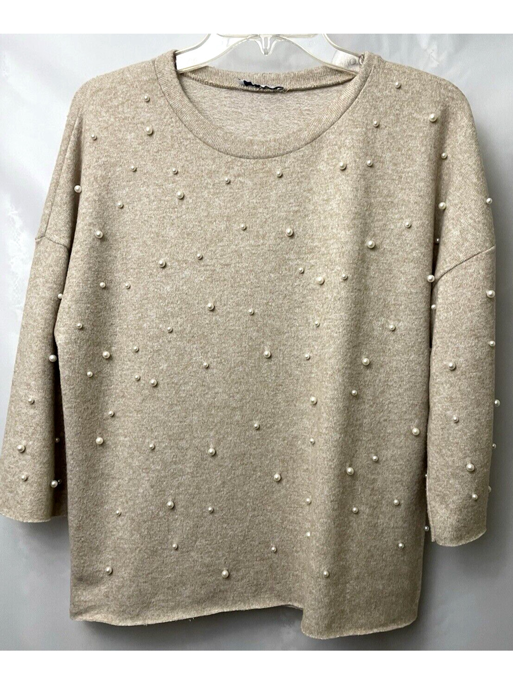 Zara Sweater Jumper Womens Small Beige Pearl Beads 3/4 Sleeve Crew Neck